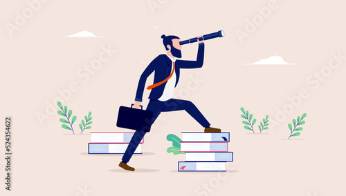 Seeking information and knowledge - Businessman with binocular standing on books looking for leads. Flat design vector illustration