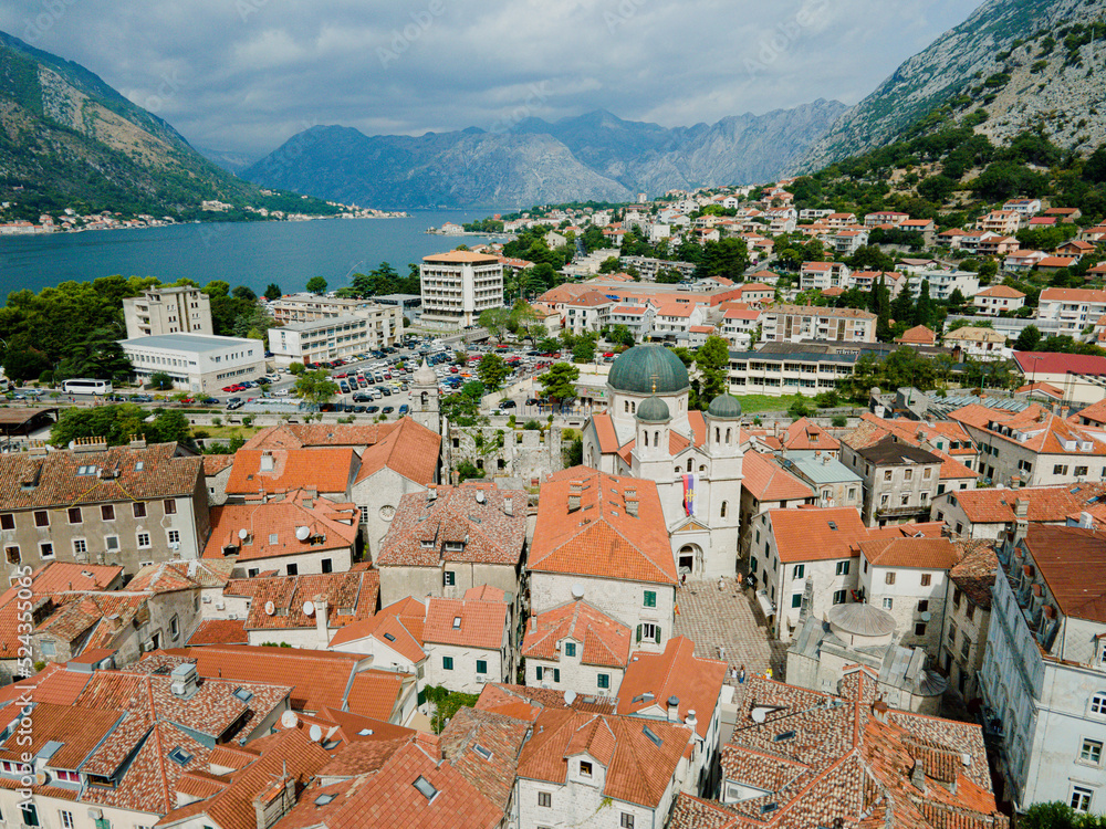 Travel. The ancient city of Kotor. Montenegro. Aerial view.
