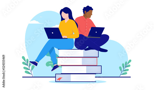 Studying and education - Man and woman students sitting on books with computer learning and taking online courses. Flat design vector illustration with white background