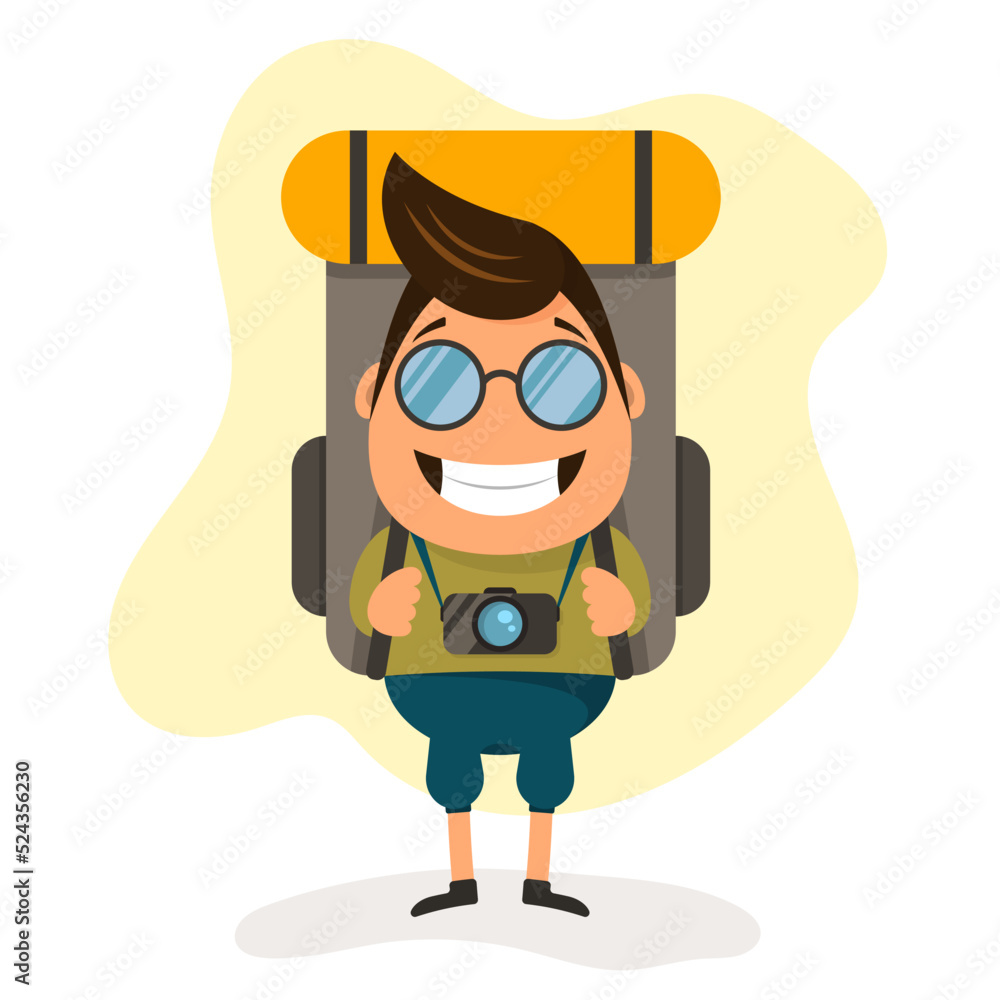 Happy cute tourist in glasses with backpack and camera on white background