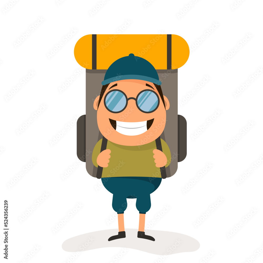 Happy cute tourist in glasses with a backpack on a white background