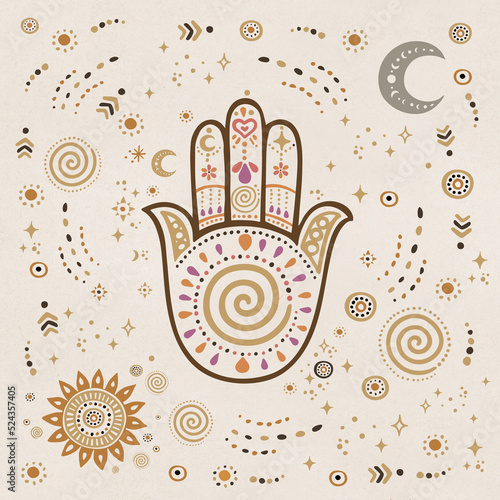 Hand drawn pattern of a hamsa hand and ethnic elements like sun, moon. Hand draw design.