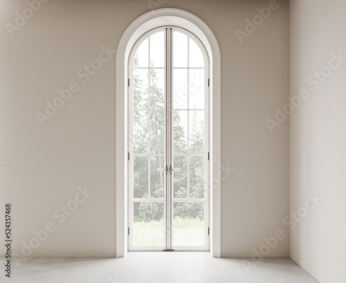 White empty room with arched panoramic floor to ceiling windows. Concrete floor  beige walls. View from the window to the forest. 3d render