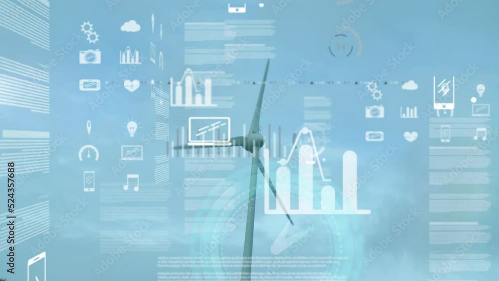 Animation of infographic interface with application icons over spinning windmill against clear sky Animation of infographic interface with application icons over spinning windmill against clear sky