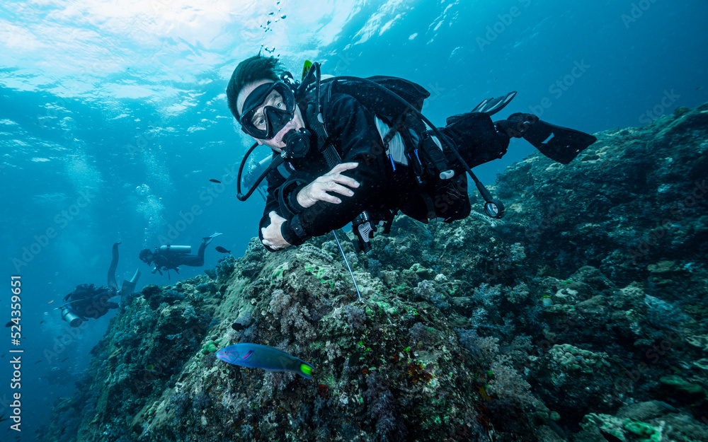 Diver exploring the tropical waters at the Andaman Sea in Thailand Diver exploring the tropical waters at the Andaman Sea in Thailand