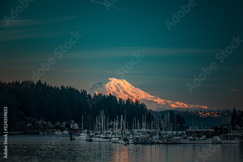 Marina of Gig Harbor, WA, and mt. Rainier