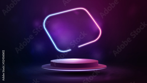 Empty podium floating in the air with pink and blue asymmetric neon frame