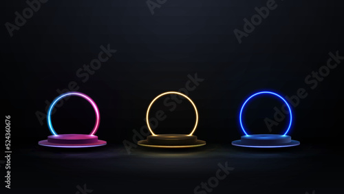 Collection of podiums with line neon round frames. 3d render. Dark abstract scene with pedestals floating in the air and neon circle frames