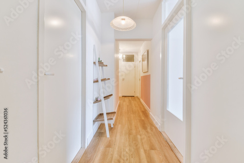 Bild auf Leinwand Light narrow hallway with many doors in white walls and glowing lamp over lumber