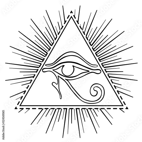 Wadjet in pyramid, ancient Egyptian symbol of protection, royal power, good health. Eye of Horus. All seeing eye sign. Alchemy, religion, spirituality, occultism, tattoo. Isolated vector illustration.