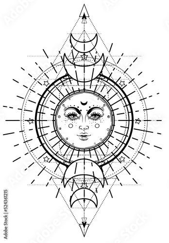 Sun and Triple moon pagan Wicca moon goddess symbol. Three faced Goddess, Maiden, Mother, Crone isolated vector illustration. Tattoo, astrology, alchemy, boho and magic symbol. Coloring book..