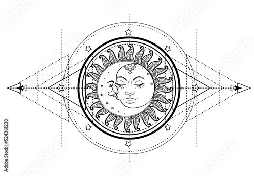 Sun and Triple moon pagan Wicca moon goddess symbol. Three faced Goddess, Maiden, Mother, Crone isolated vector illustration. Tattoo, astrology, alchemy, boho and magic symbol. Coloring book..