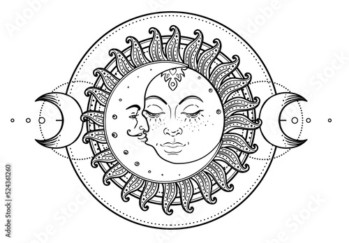 Sun and Triple moon pagan Wicca moon goddess symbol. Three faced Goddess, Maiden, Mother, Crone isolated vector illustration. Tattoo, astrology, alchemy, boho and magic symbol. Coloring book..