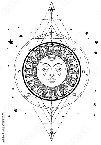 Sun and Triple moon pagan Wicca moon goddess symbol. Three faced Goddess, Maiden, Mother, Crone isolated vector illustration. Tattoo, astrology, alchemy, boho and magic symbol. Coloring book..