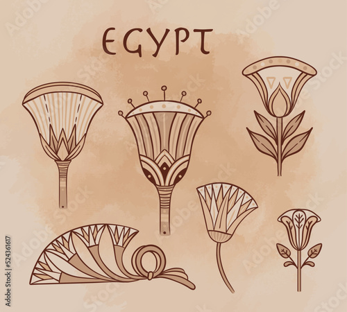 Egyptian floral design element set over beige grunge background. Lotus flower, vector sign, symbol, logo illustration. Spirituality, occultism, chemistry, flower tattoo.