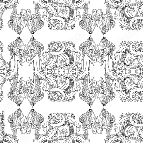 Vector black and white ornamental Lotus Bohemian floral paisley seamless orna...