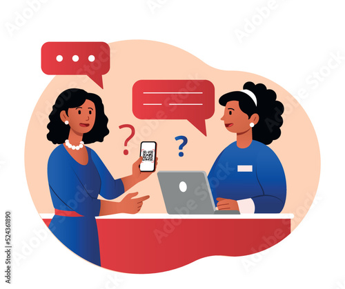 Woman with receprionist. Character in hotel shows QR code. Girl rents room, tourist on vacation. Scanning barcode to pay for services or certificate of vaccination. Cartoon flat vector illustration