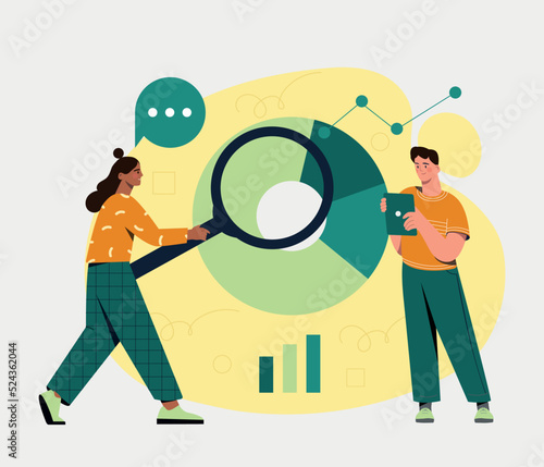 Statistical analysis concept. Man and girl with magnifying glass look at graphs and charts. Work with statistics and marketing research, analytical department. Cartoon flat vector illustration
