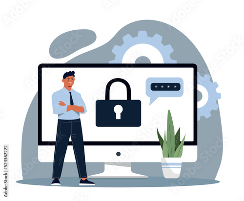 Security on internet. Programmer improves safety of companys email. Protection of personal data from hacking and theft. Antivirus and hacker attack prevention. Cartoon flat vector illustration
