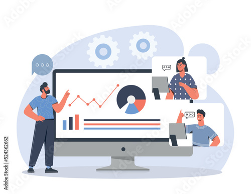 Digital presentation concept. Man gives lecture, speaker shows graphs and diagrams. Working with statistics and marketing research. Online conference or webinar. Cartoon flat vector illustration