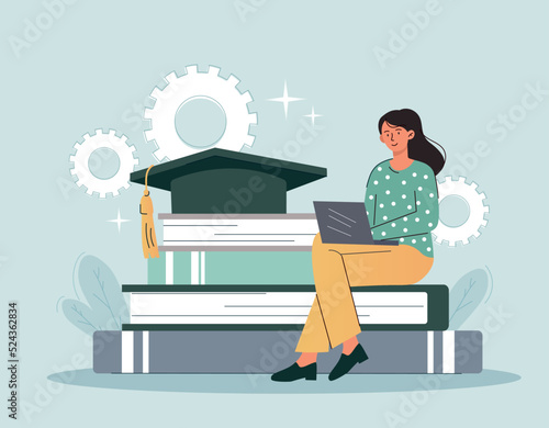 Girl preparing diploma. Student writes thesis on laptop, distance learning and homework. Preparing for test or exam. Knowledge and education, search for information. Cartoon flat vector illustration photo