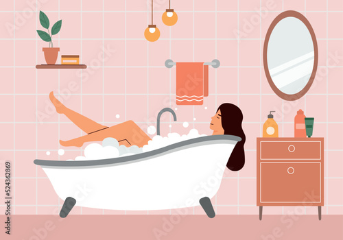Woman takes bath. Young girl in bathroom relaxes in hot water with foam. Cosmetic SPA procedures, beauty and hygiene. Routine and daily activities, happy person. Cartoon flat vector illustration