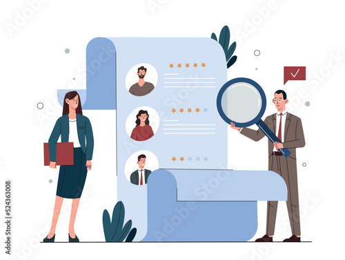 People choosing concept. Man and woman with magnifying glass choose candidate for vacancy. HR department, recruitment to campaign, analysis of potential employees. Cartoon flat vector illustration