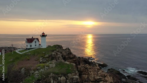Nubble Lighthouse in Maine Drone Video at Sunrise 