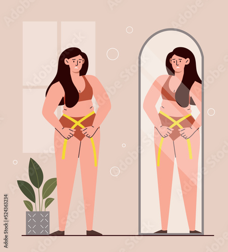 Low self esteem. Fat woman looks sadly at her reflection in mirror. Upset character, disappointment. Psychological problems and mental health, bullying concept. Cartoon flat vector illustration