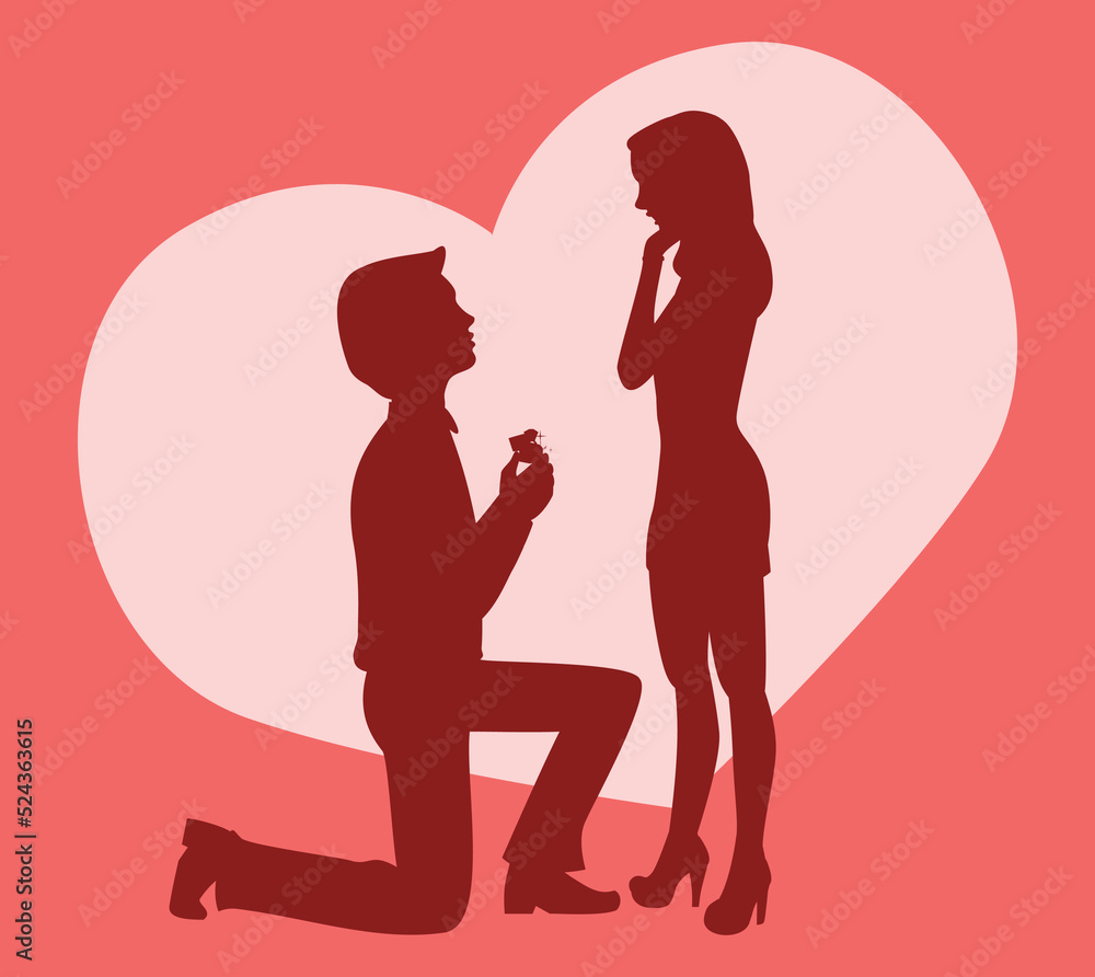 Man making a proposal to girl. Silhouette Vector illustration of couple in love