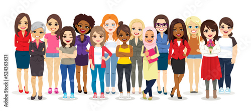 Vector illustration of multiethnic multicultural group of different casual women standing together
