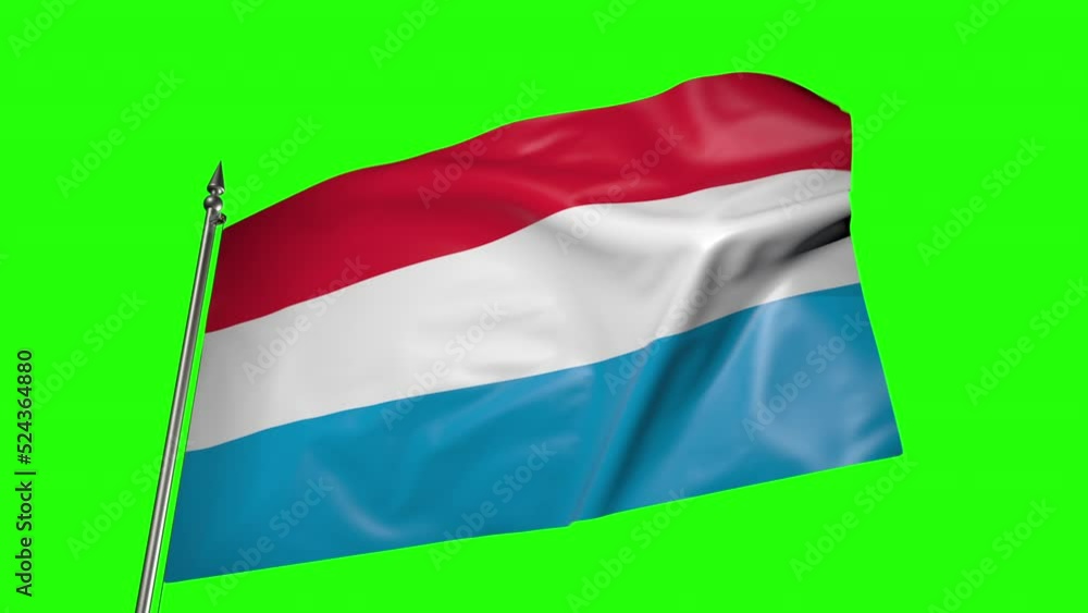 Flag of Luxembourg on a flagpole. 3D animation on green screen