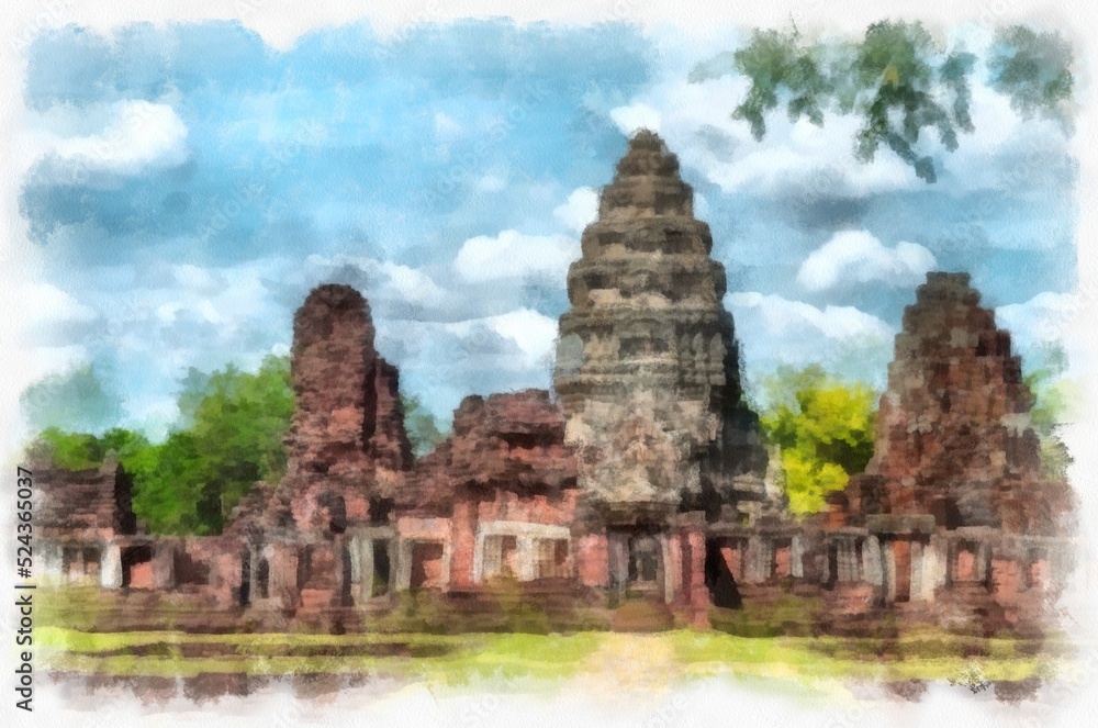 Ancient stone castle and ancient pattern art in Thailand watercolor style illustration impressionist painting. Ancient stone castle and ancient pattern art in Thailand watercolor style illustration impressionist painting.