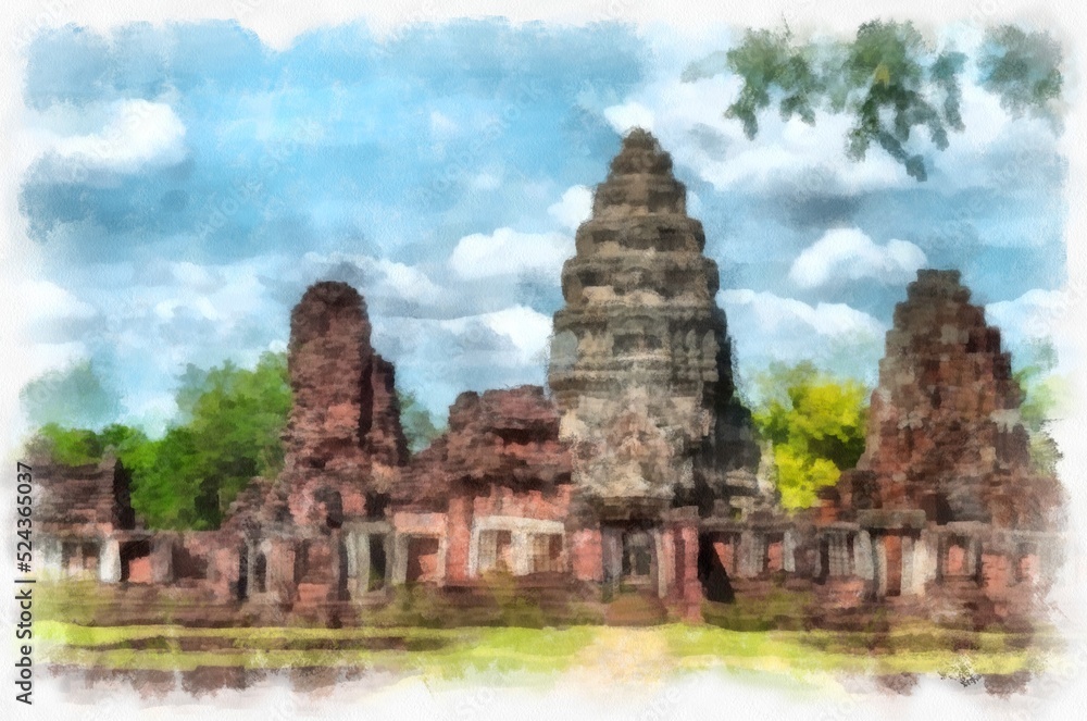 Ancient stone castle and ancient pattern art in Thailand watercolor style illustration impressionist painting.