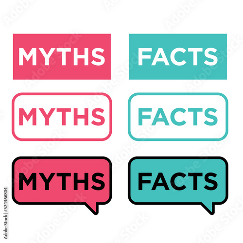 Myth and fact icons. Vector isolated badges of thorough fact-checking or easy compare