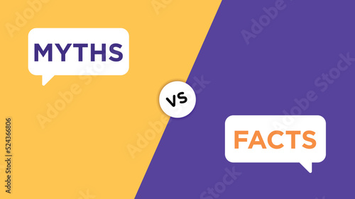 Facts vs myths vector design template. Concept of thorough fact-checking on two-tone backdrop
