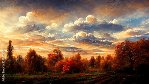 Beautiful landscape - autumn forest during sunset, orange leaves. hand painted picture