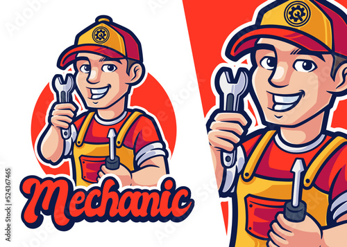 Mechanic Mascot Cartoon Logo. Man Character Profession Logo