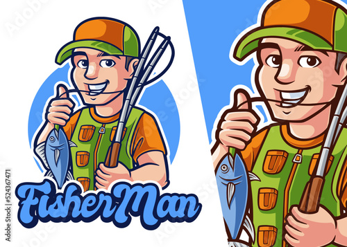 Fisher Man Mascot Cartoon Logo. Man Character Profession Logo