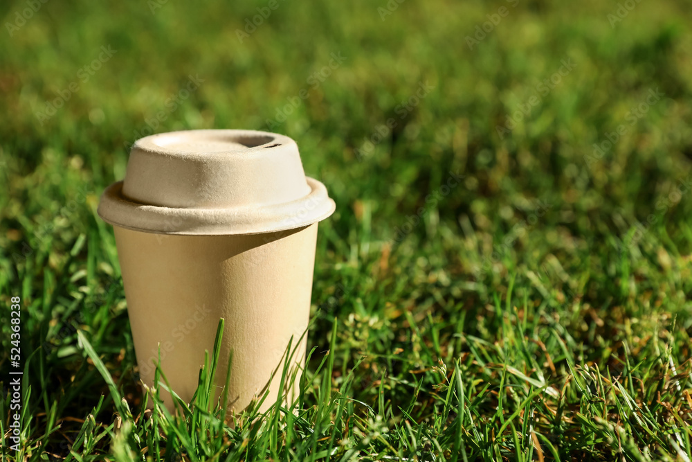 Cardboard takeaway coffee cup with lid on green grass outdoors, space for text Cardboard takeaway coffee cup with lid on green grass outdoors, space for text