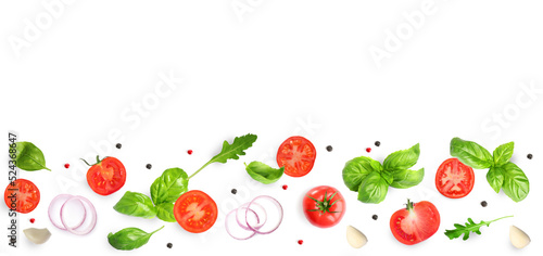 Fresh ripe tomatoes with garlic  onion  basil  arugula and peppercorns on white background  top view. Banner design