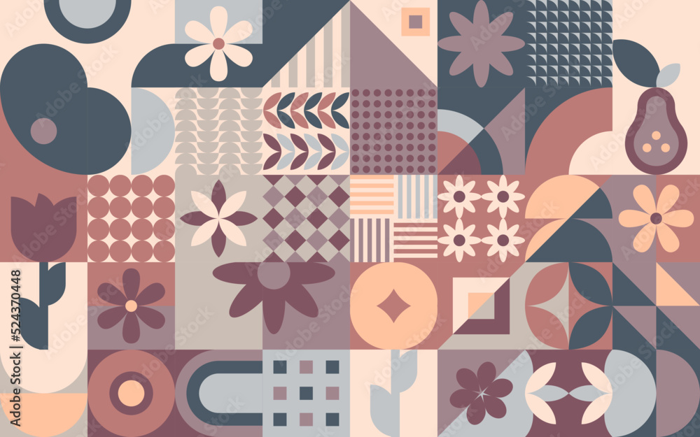 Obraz premium Geometryczna kompozycja - kolorowa mozaika z kwiatami i gruszką. Powtarzający się wzór w stylu neo geometry do zastosowania jako tło do projektów.