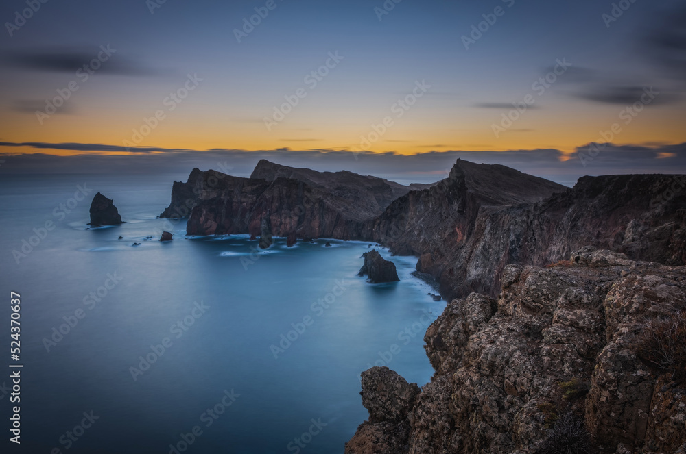 Sunrise at Point of Saint Lawrence. East coast of Madeira island, Portugal. October 2021. Long exposure picture