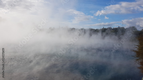 Steam over a thermal lake in Rotorua park, New Zealand © Elena Yanchyn