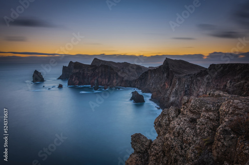 Sunrise at Point of Saint Lawrence. East coast of Madeira island, Portugal. October 2021. Long exposure picture
