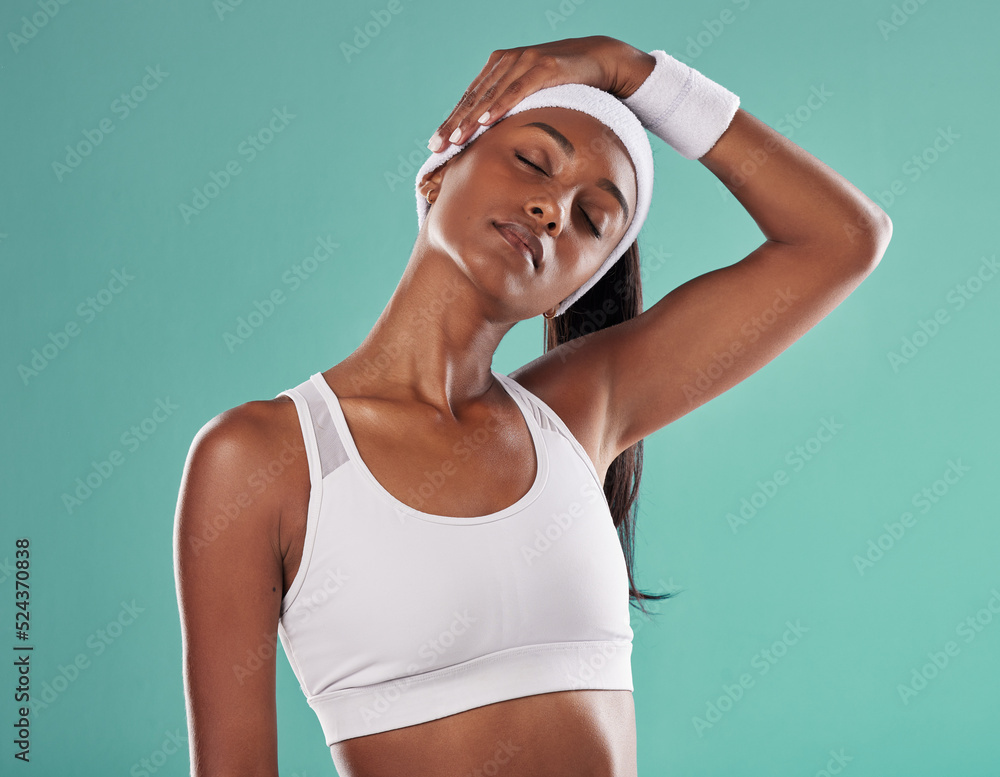 Stretching, a healthy and beautiful sports woman in a neck stretch before a workout or game. Fit athlete or trainer, girl with a healthy lifestyle, in performance gear and ready for training session Stretching, a healthy and beautiful sports woman in a neck stretch before a workout or game. Fit athlete or trainer, girl with a healthy lifestyle, in performance gear and ready for training session