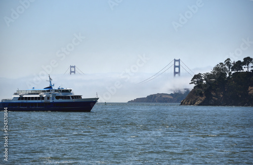 Photography California- Tiburon- Panorama of The Golden Gate Bridge in Fog With Ferry Passin
