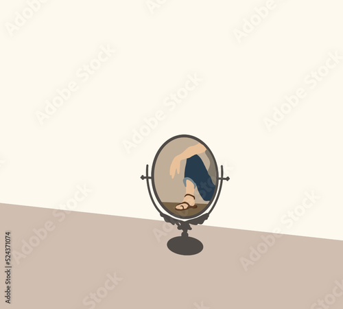 Woman sitting on floor reflected in mirror. Elegant and artistic of a mini circular mirror. Minimalize concept. 
