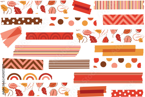 Autumn washi tape set. Collection of semitransparent masking or adhesive tape strips or stickers. EPS file has global colors for easy color changes. Fall, seasonal clip art design elements.