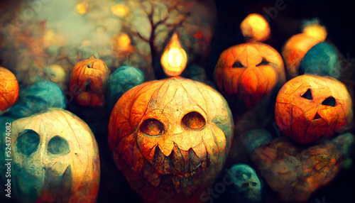 scary pumpkin heads in dark halloween forest, neural network generated art. Digitally generated image. Not based on any actual scene or pattern. photo